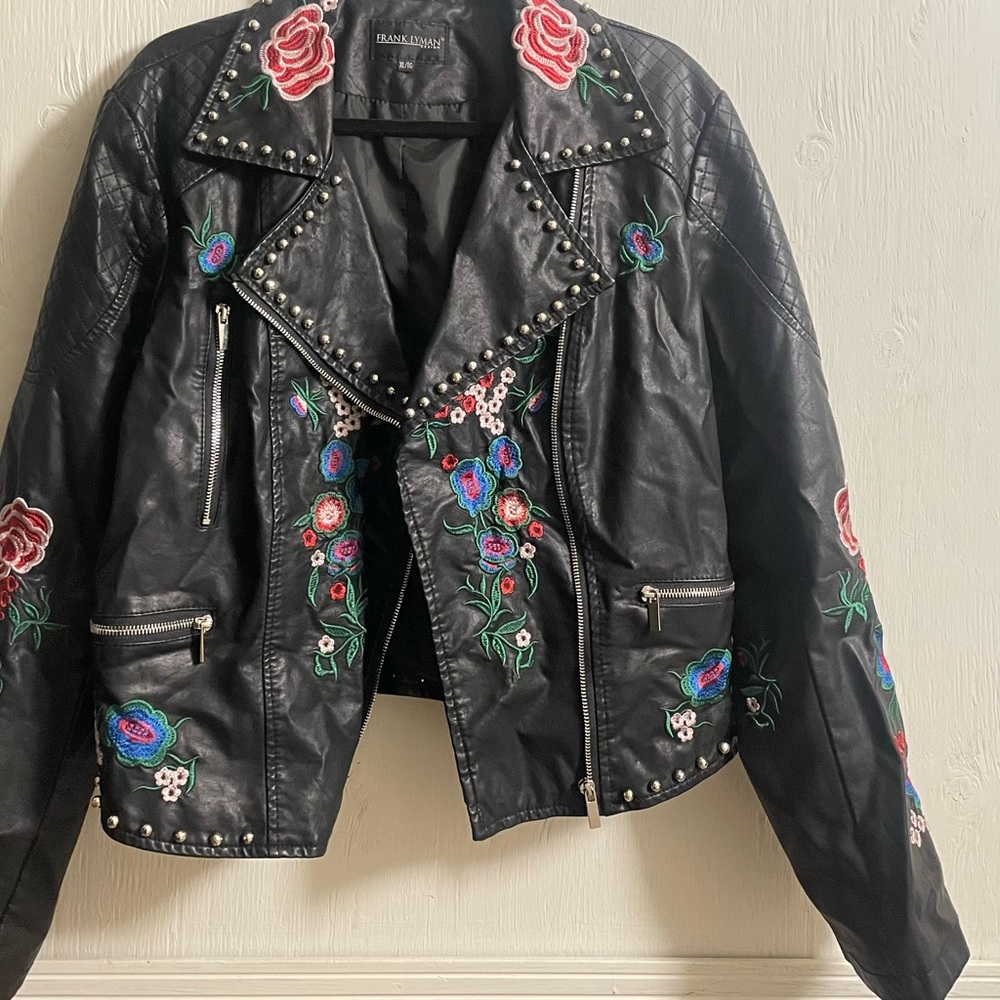 Frank Lyman Design Black Vegan Leather Jacket with Floral Embroidery